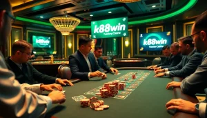 Players enjoying an intense poker game at a k88win casino table, showcasing the thrill of gambling.