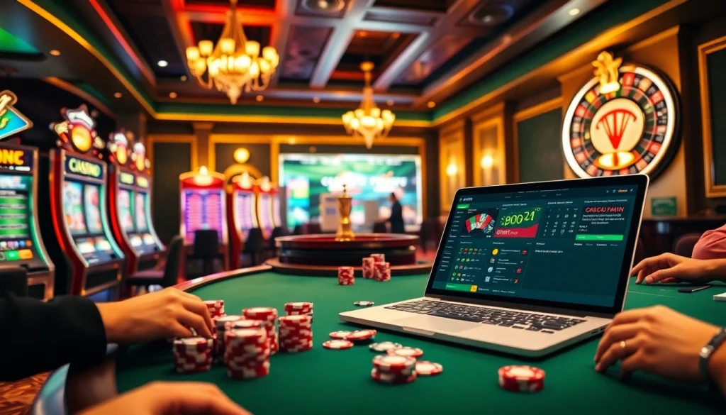 Crickex betting platform displayed in a luxurious casino setting with vibrant tables and engaged players.
