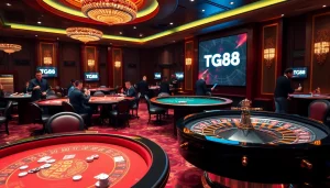 Engage with tg88's exciting casino environment featuring vibrant gaming tables and poker chips.