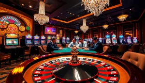 Kubet gaming scene featuring an exciting poker table and vibrant slot machines.