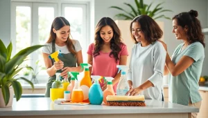 Showcase a dynamic cleaning service team preparing eco-friendly supplies in a pristine home.