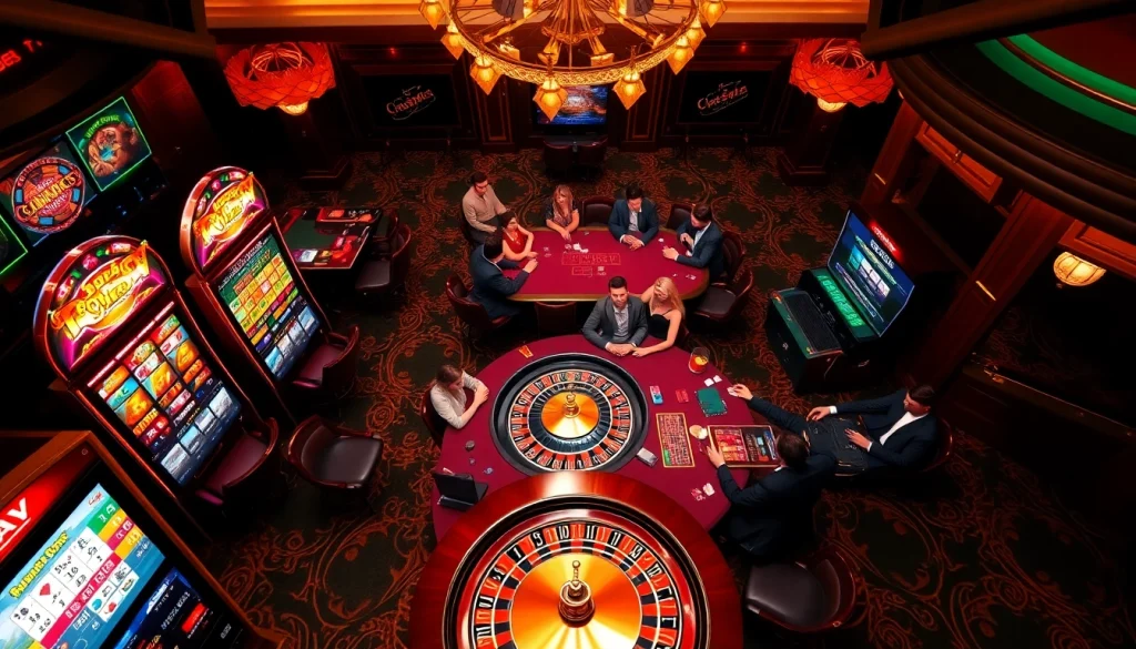 Players enjoying thrilling games at https://new88c.co/ casino with vibrant slots and poker tables.