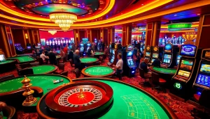 S8 casino experience with vibrant gaming tables, roulette wheel, and excited players.