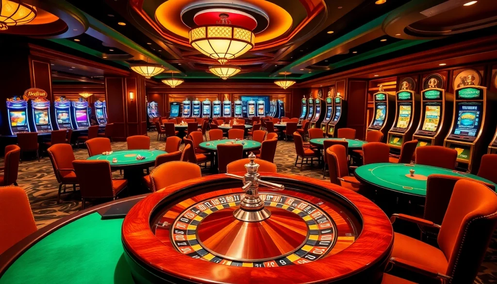 Experience the thrill of nohu90 as players engage at luxurious casino tables with vibrant poker chips.