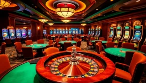 Experience the thrill of nohu90 as players engage at luxurious casino tables with vibrant poker chips.