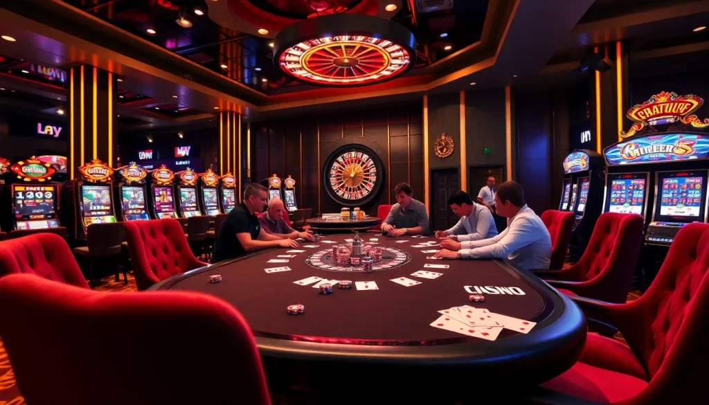 Players enjoying high-stakes poker at thabet casino with luxurious decor and vibrant slot machines.