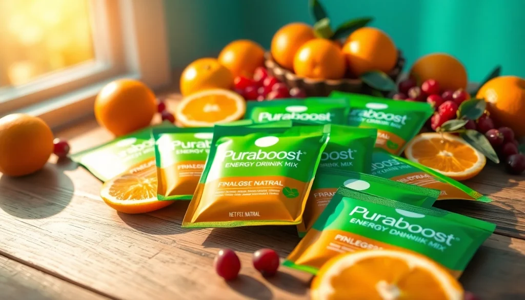 Puraboost energy drink mix packets surrounded by fresh fruits, showcasing vitality and health.