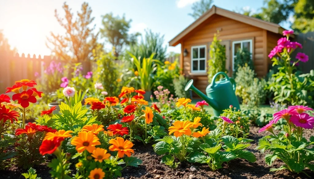 Gardening scene with vibrant flowers and vegetables showcasing a tranquil backyard environment.