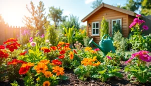 Gardening scene with vibrant flowers and vegetables showcasing a tranquil backyard environment.