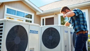 Technician installing american standard heat pumps in a modern home, showcasing innovative design and professional service.