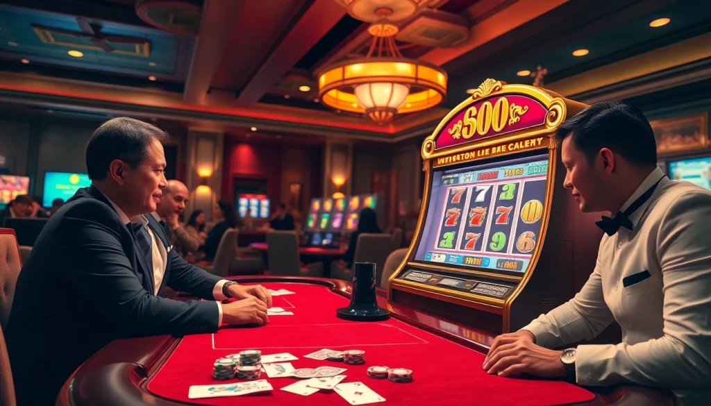 Excited players engaging with the luxury slot machine themed nổ hũ 8kbet in a vibrant casino.