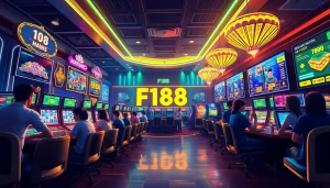Experience the thrill of online gambling with F168's diverse gaming options, showcasing vibrant casino scenes and exciting players.