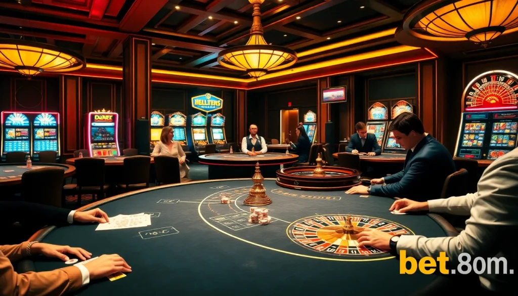 Experience the excitement of gambling at bet88.com with luxurious casino tables and vibrant slot machines.