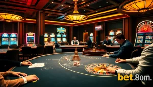 Experience the excitement of gambling at bet88.com with luxurious casino tables and vibrant slot machines.