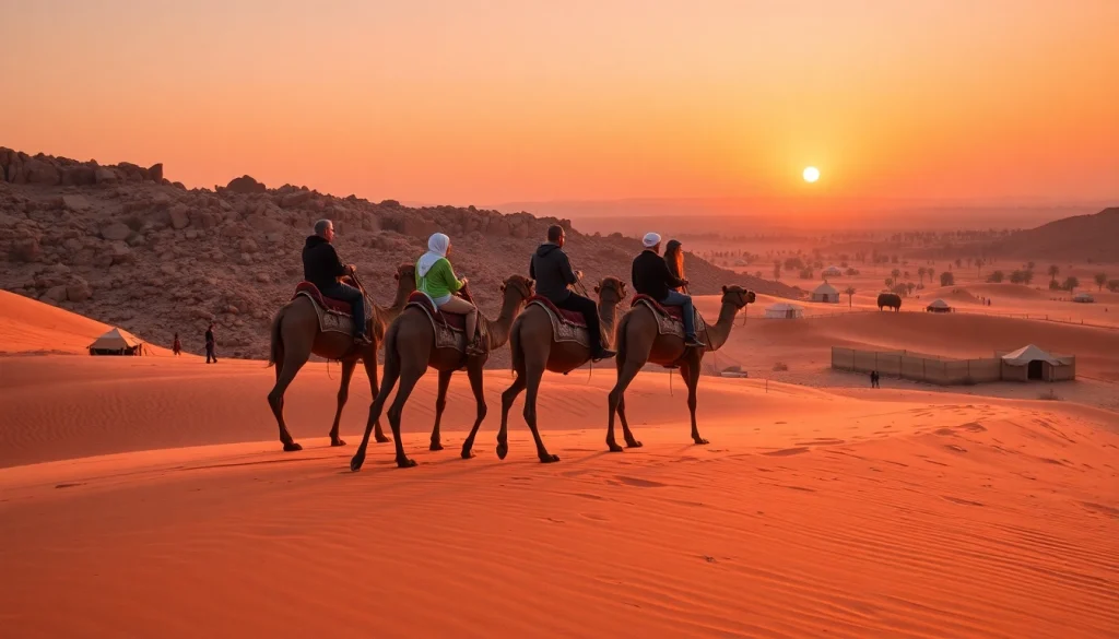 Camel ride Marrakech at sunset, showcasing tourists on camels in the Agafay Desert's stunning landscape.