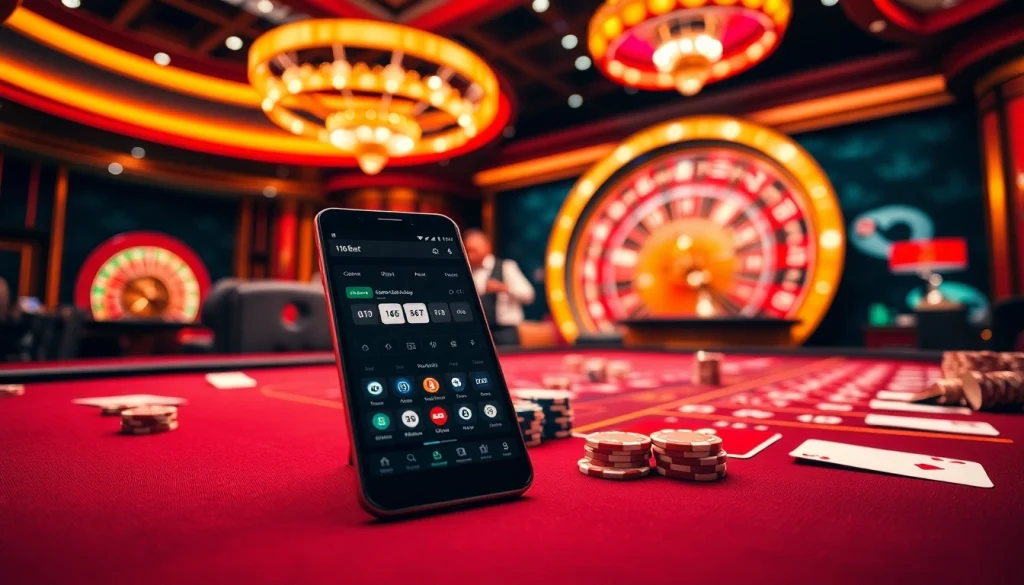 Experience thrilling gameplay with the 166bet App on a stylish mobile device amidst a luxury casino setting.