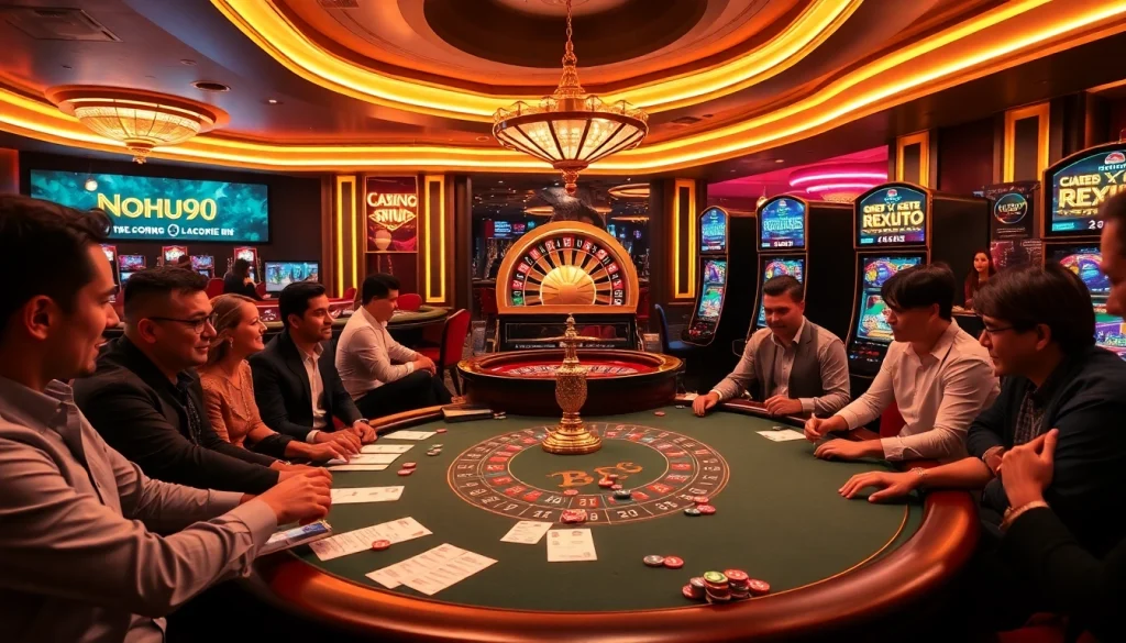 Experience thrilling gameplay at nohu90 with poker tables and vibrant casino atmosphere.