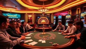 Experience thrilling gameplay at nohu90 with poker tables and vibrant casino atmosphere.