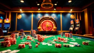 Experience the excitement of gambling at RR 88 with vibrant poker chips and roulette wheels.