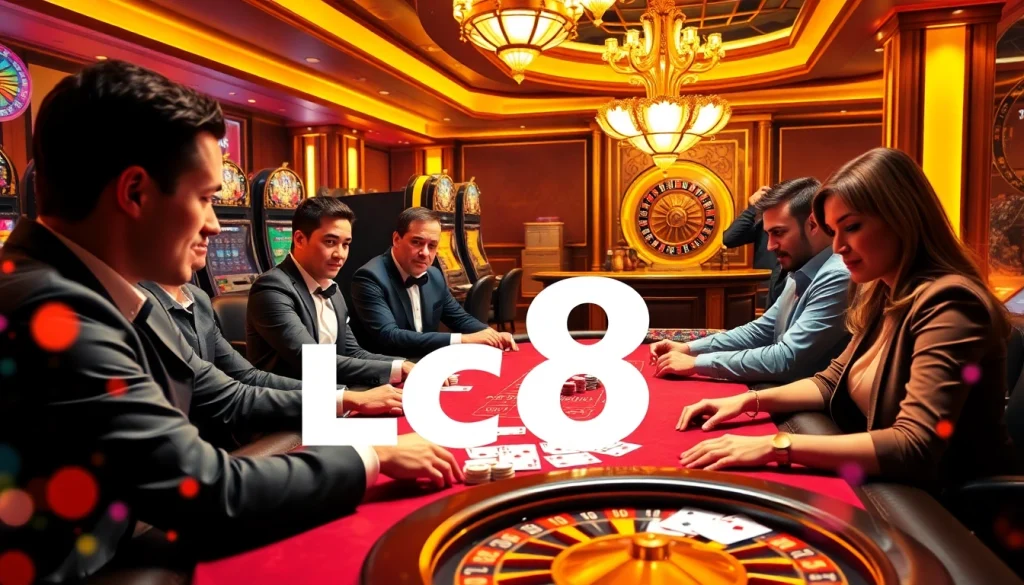 High-stakes poker game at an elegant casino featuring Lc88 elements.