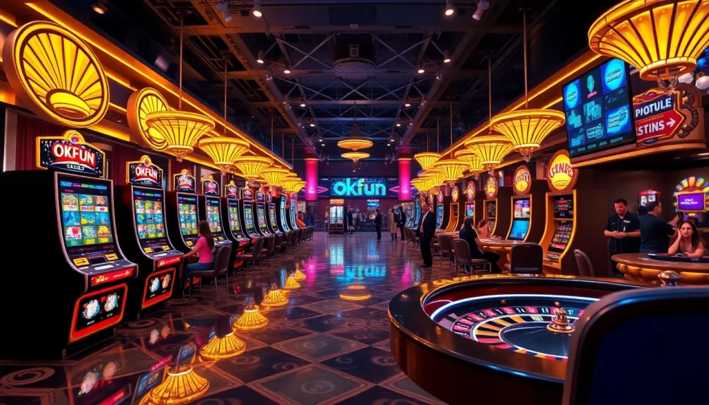 Exciting online casino scene featuring Okfun branding with vibrant slot machines and poker tables.