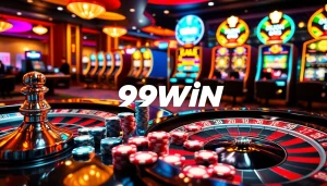 Experience the thrill of 99win in a vibrant casino setting with roulette and poker chips.