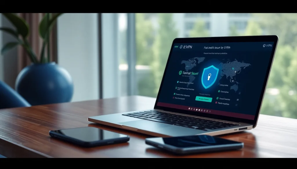 快连VPN providing fast and secure internet connection across devices in a modern workspace.