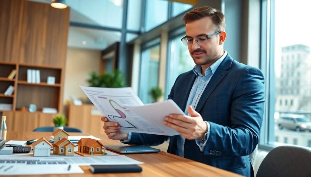 Real Estate agent analyzes property listings in a bright office, showcasing professionalism and expertise.