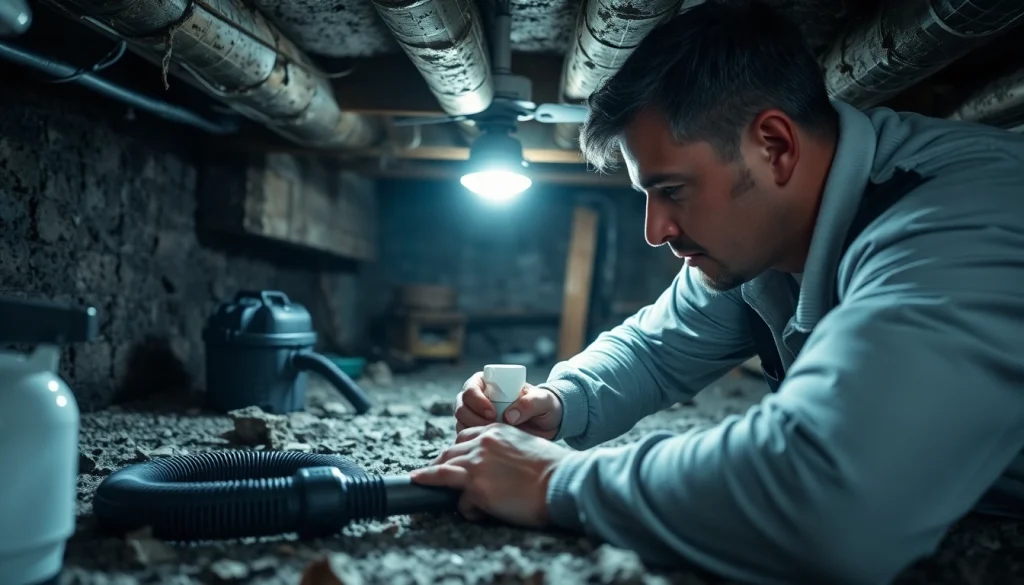 Professional crawl space restoration at http://newleafcrawlspace.com shows a technician cleaning mold and debris.