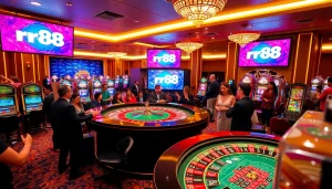 Exciting gaming atmosphere at RR88 casino, featuring roulette, poker chips, and slot machines.