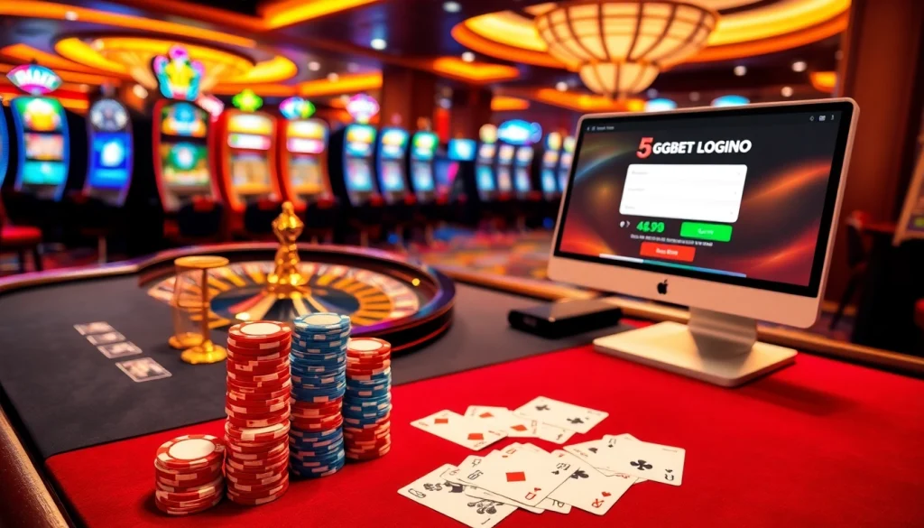 Experience seamless 5GBET Login at a luxurious casino scene filled with poker chips and slots.