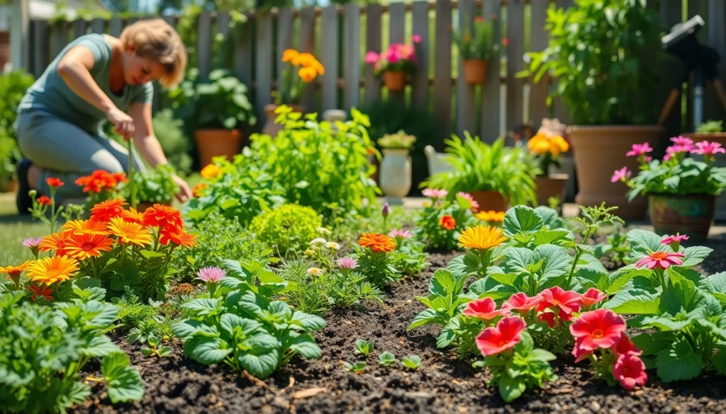 Engage in Gardening with colorful plants and a dedicated gardener in a flourishing garden.