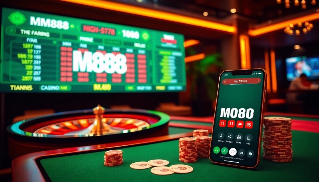 MM88 online gaming experience with poker chips and roulette wheel in a vibrant casino setting.