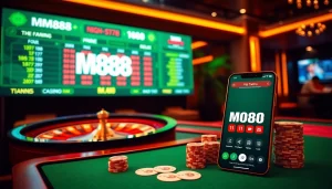 MM88 online gaming experience with poker chips and roulette wheel in a vibrant casino setting.
