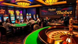Players enjoying games at Thabet casino with vibrant tables and slot machines.