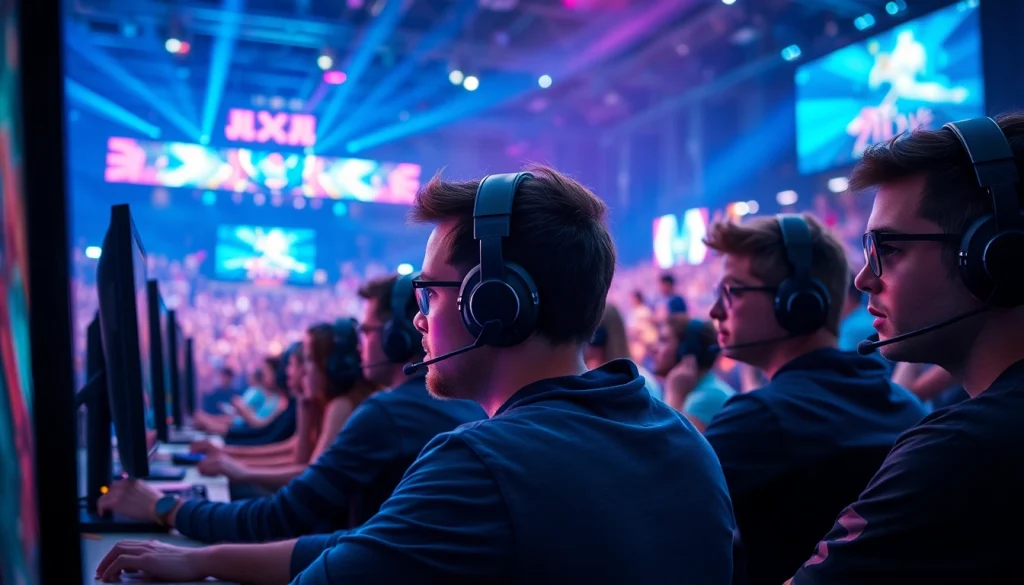 Engaging esports competition at https://www.gamelevate.com featuring professional gamers and vibrant arena lights.