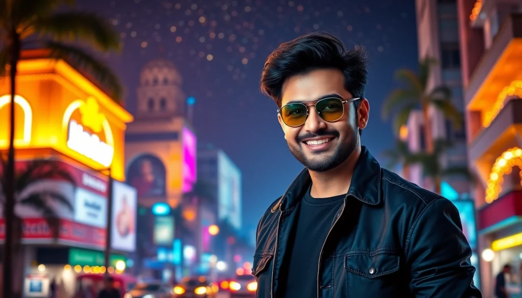 Capture the allure of Bollywood with https://bollywoodcelebnetworth.in featuring a popular actor in a vibrant Mumbai setting.