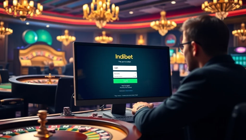 Access your Indibet login through an exciting online casino interface with chips and games.
