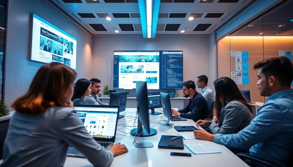 Professional team collaborating on a Thiết kế website in a modern workspace.