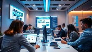 Professional team collaborating on a Thiết kế website in a modern workspace.