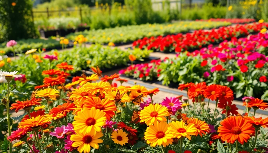 Gardening scene with colorful flowers and vegetables in a sunny garden setting.