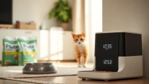 Showcase an automatic cat feeder as a playful cat approaches it in a cozy home.