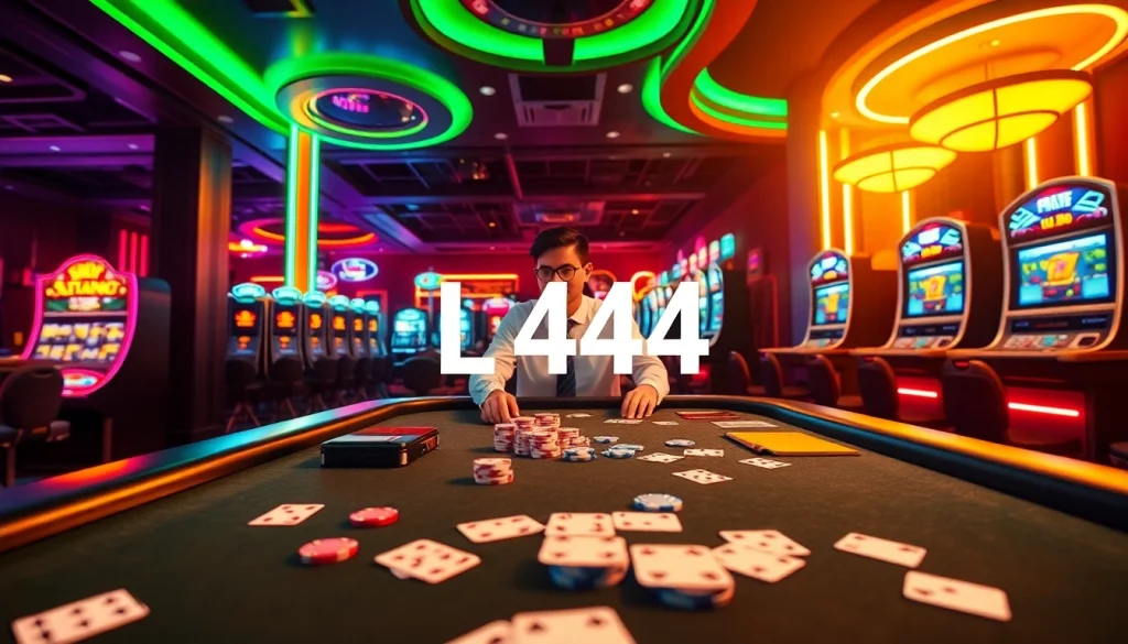 L444 casino gaming interface featuring a virtual dealer and poker elements in a vibrant setting.