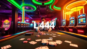 L444 casino gaming interface featuring a virtual dealer and poker elements in a vibrant setting.