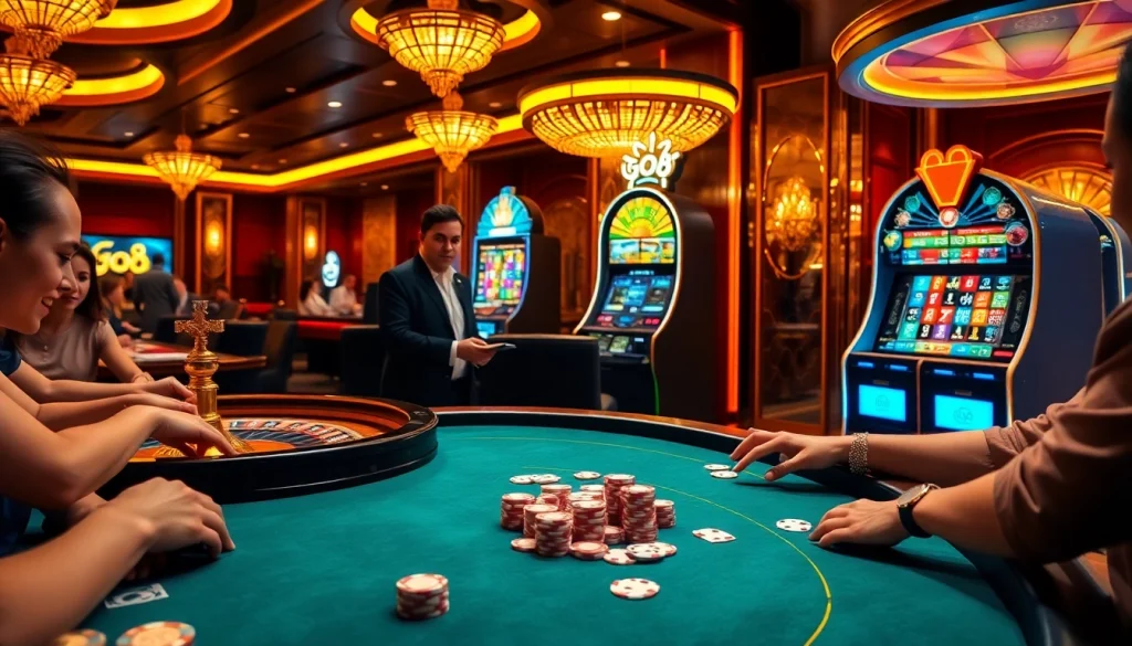 Experience thrilling gameplay at GO8-themed casino tables with vibrant poker chips and cards.