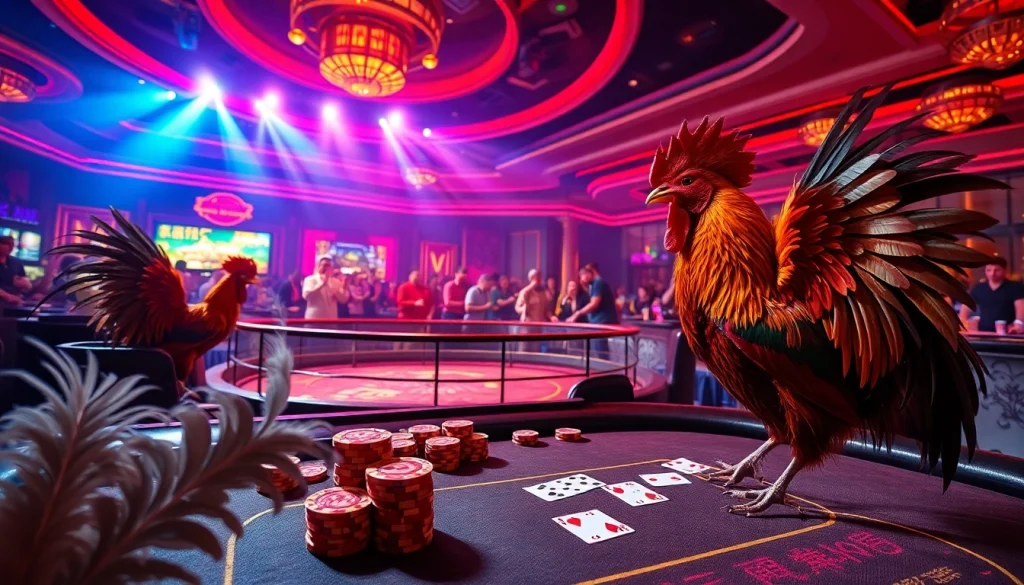 Witness the excitement of Đá Gà Thomo BJ888 in a dynamic casino environment with vibrant visuals.