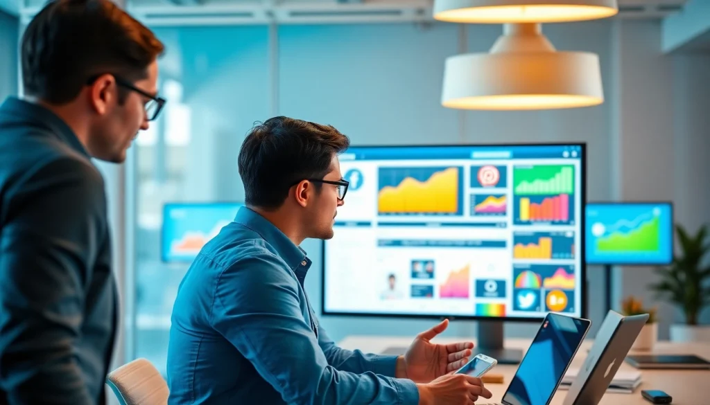 Engaged marketer assessing an Instagram smm panel with dynamic metrics in a modern office.