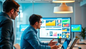 Engaged marketer assessing an Instagram smm panel with dynamic metrics in a modern office.