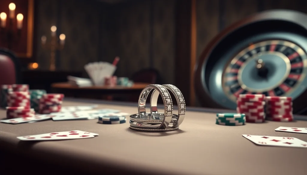 Showcasing exquisite 18K wedding bands in a casino environment symbolizing love and commitment, emphasizing 結婚 對 戒.