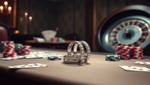 Showcasing exquisite 18K wedding bands in a casino environment symbolizing love and commitment, emphasizing 結婚 對 戒.